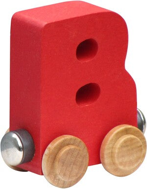 Red letter 'B' toy with wooden wheels on a white background