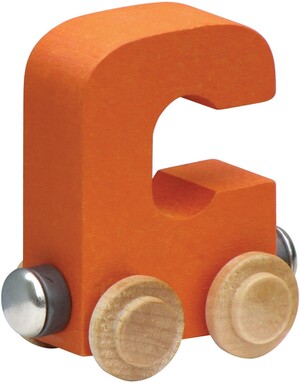 Orange toy train car with wooden wheels on a white background