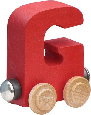 Red wooden toy train car with wooden wheels on a white background