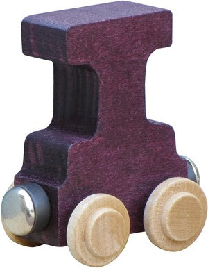 Wooden toy train car with purple body and wooden wheels on a white background