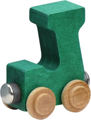 Green wooden toy train car with wooden wheels on a white background
