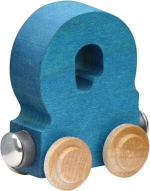 Blue wooden number 8 toy with wheels on a white background