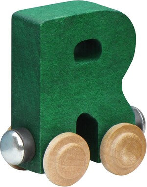 Wooden toy train letter 'R' with green body, silver top, and brown wheels.