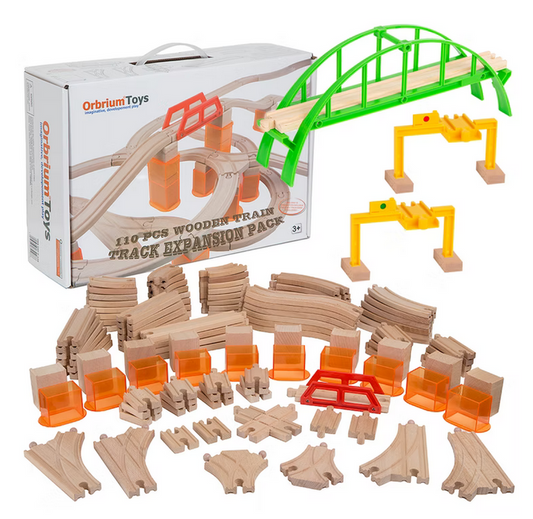 ORBRIUM® Toys Multi-level Deluxe 110 PCS Wooden Train Track Expansion Pack Set; Featuring Stackable Track-Rising Stabilizers
