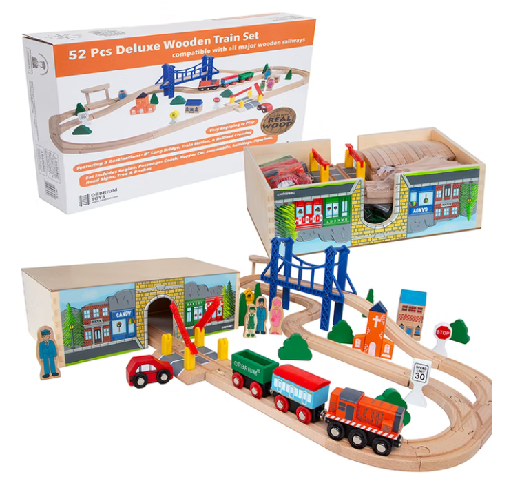 ORBRIUM® Toys 52 Pcs Deluxe Wooden Train Set with 3 Destinations
