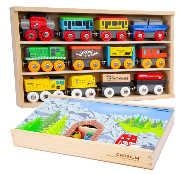 ORBRIUM® Toys 12 Pcs Wooden Engines and Train Cars Collection Set
