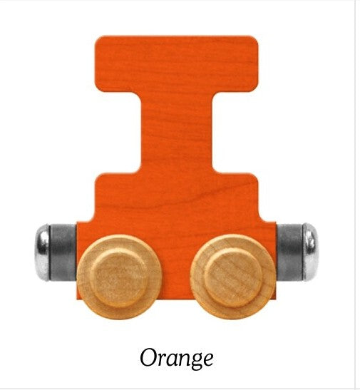 An orange wooden toy train I connector piece with two round natural wood wheels and silver metal ends, shown on a white background with the word 'Orange' below.