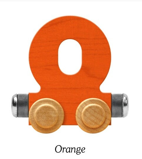 An orange wooden letter O toy train wheel with silver metal side connectors and two round light wood wheels, shown on a white background with the word 'Orange' below.