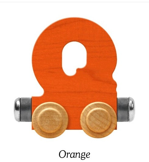 An orange wooden toy Q  train connector piece with two natural wood wheels and silver metal end caps, shown on a white background with the word 'Orange' below.