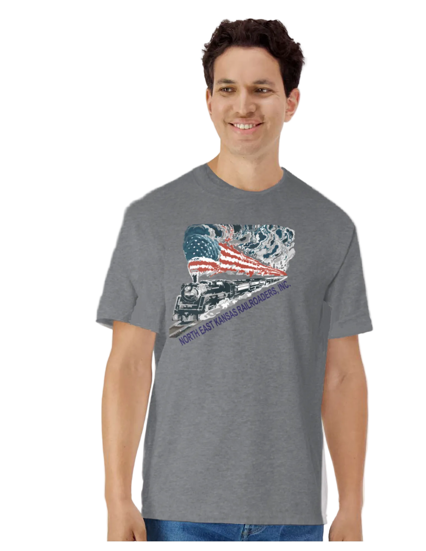 Man wearing a gray t-shirt with a graphic design on a white background