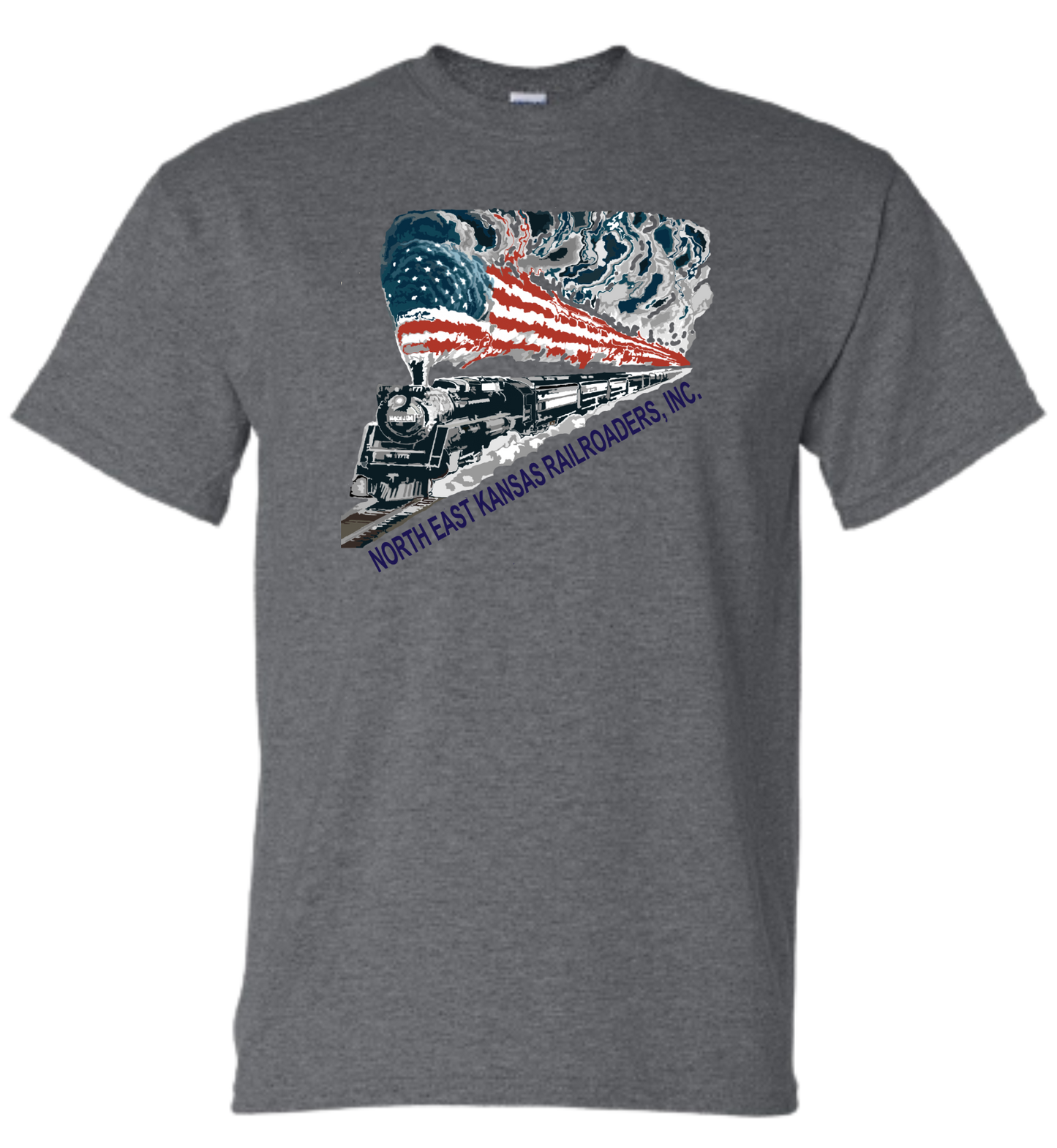 Gray t-shirt with a train and American flag design on a white background