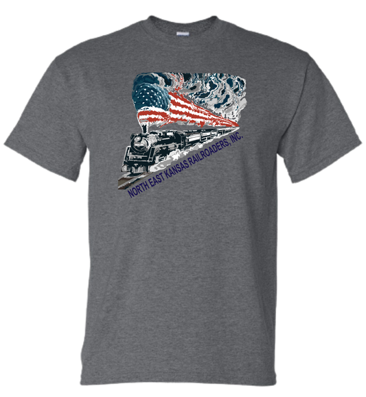 Gray t-shirt with a train and American flag design on a white background