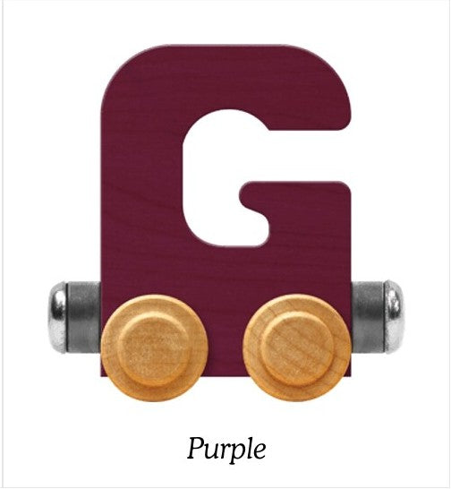 A wooden letter G toy train car in a deep purple color, featuring natural wood wheels and metal connectors, shown on a white background with the text 'Purple' underneath.