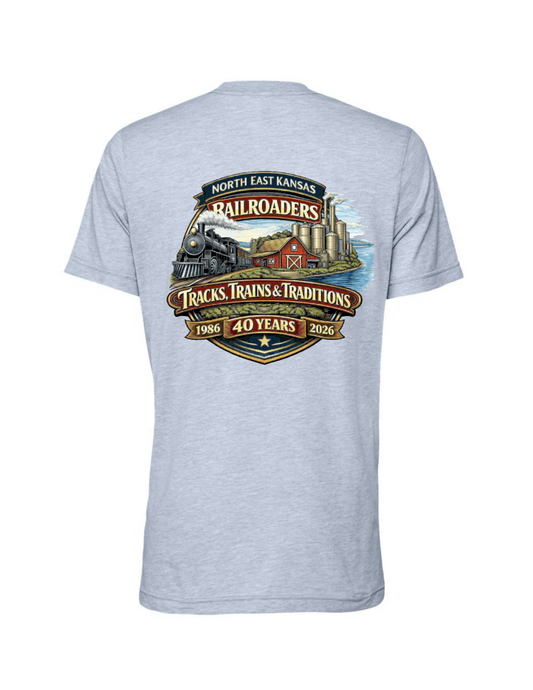 Heather prism blue t-shirt with a colorful graphic design on the back featuring a train and industrial elements.