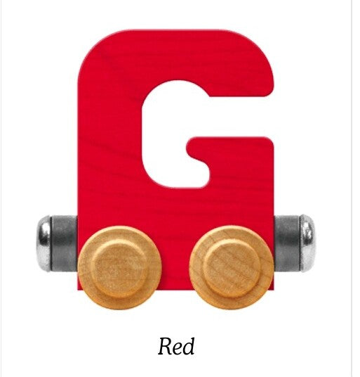 A wooden letter G toy train car in red, featuring two round natural wood wheels and silver metal buffers, shown on a white background with the label 'Red' underneath.
