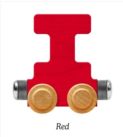 A wooden toy train I-bogie connector in bright red, featuring natural wood wheels and silver metal couplers, shown on a white background with the text 'Red' below.