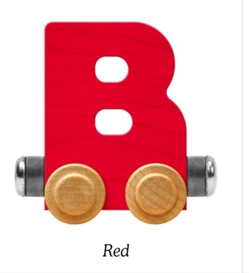 A wooden letter B toy train car in red, featuring natural wood wheels and metal side connectors, with the color name 'Red' printed below on a white background.