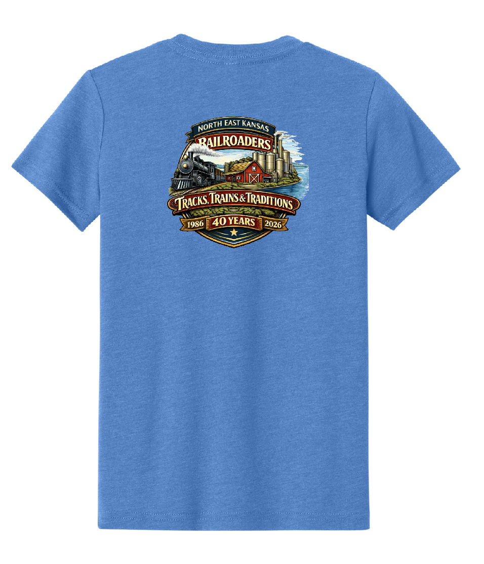 Blue t-shirt with a train-themed graphic and text on the back