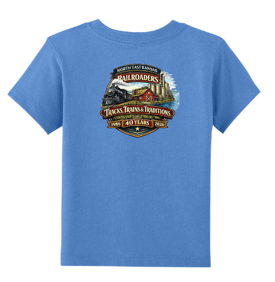 Blue t-shirt with a graphic design on the back featuring a train and text.