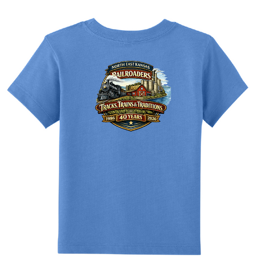 Blue t-shirt with a graphic design on the back featuring a train and text.
