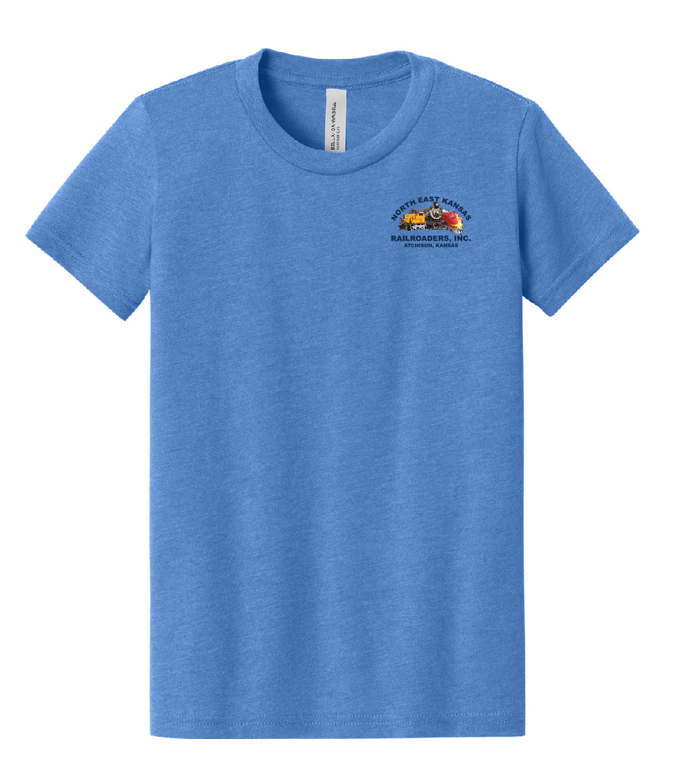 Blue t-shirt with a logo on the chest against a white background