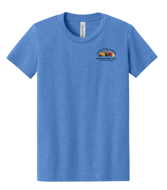 Blue t-shirt with a logo on the chest against a white background