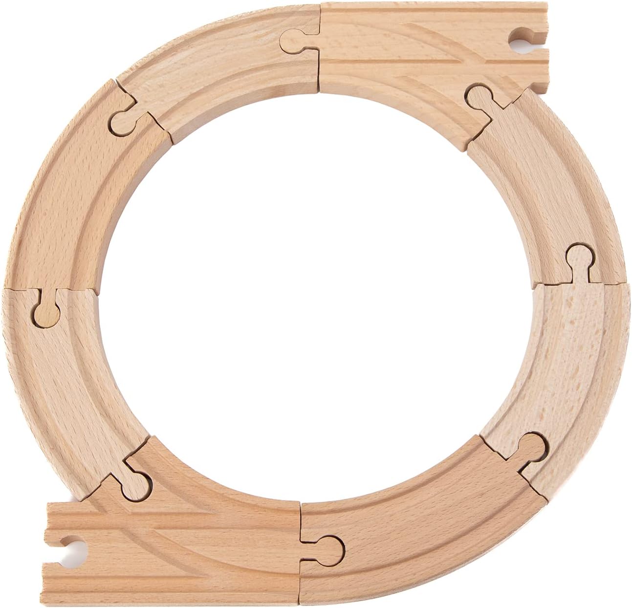 Wooden circular train track with puzzle piece joints on a white background