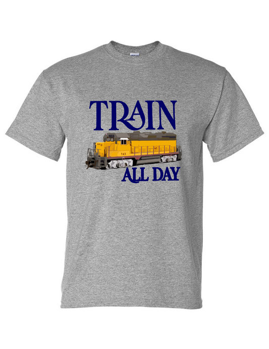 Gray t-shirt with a train graphic and 'TRAIN ALL DAY' text on a white background