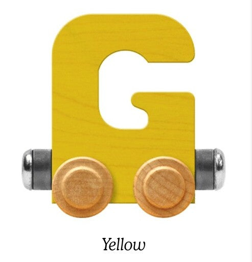 A wooden letter G toy train in bright yellow, featuring natural wood wheels and silver metal side connectors, shown on a white background with the word 'Yellow' underneath.
