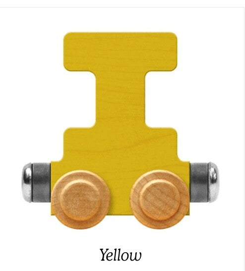 A wooden toy train I connector piece in bright yellow, featuring two round natural wood wheels with silver metal axles, shown on a white background with the word 'Yellow' underneath.