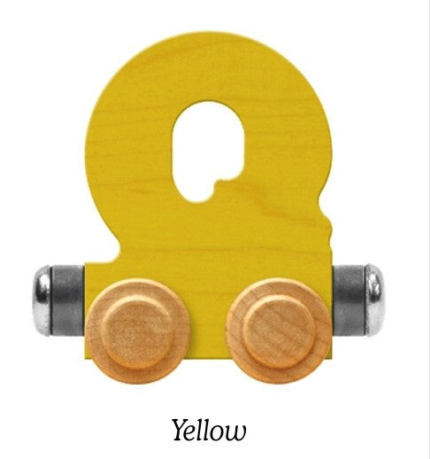 A yellow wooden toy letter Q with two round wooden wheels and silver metal connectors, shown on a white background with the word 'Yellow' underneath.