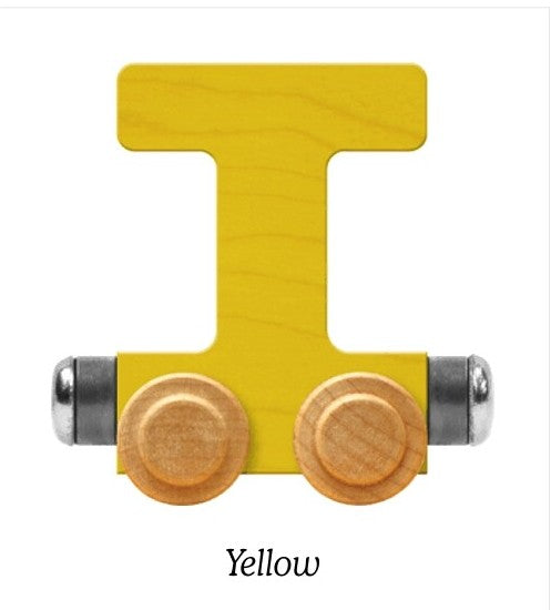 A wooden train letter toy shaped like the letter 'T' in bright yellow, with two round natural wood wheels and silver metal ball bearings, shown on a white background with the word 'Yellow' underneath.