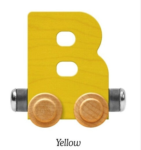 A wooden letter B toy train car in bright yellow, featuring two round natural wood wheels with silver metal axles, shown on a white background with the word 'Yellow' printed below.