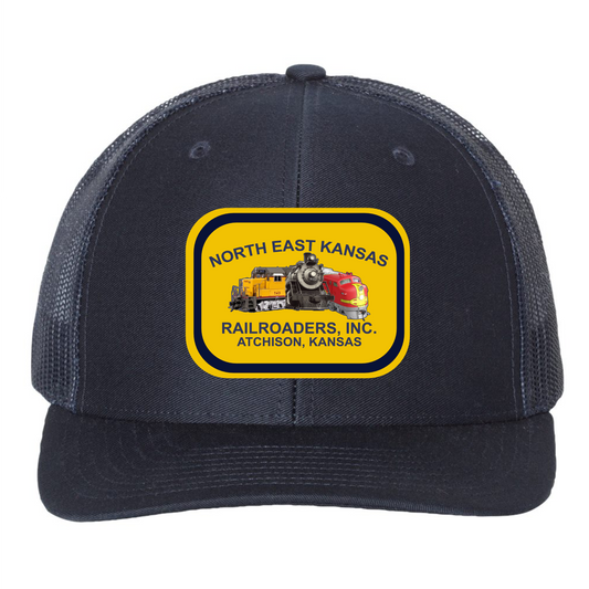 Navy blue trucker cap with gold and navy North East Kansas Railroaders logo on front on white background.
